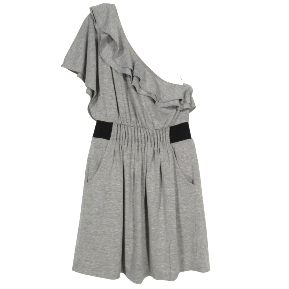 SUGERLIPS Heather Gray RUFFLE ONE-SHOULDER Gathered Waist BLOUSON MINI DRESS S